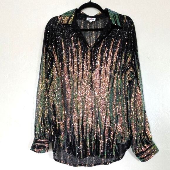 GeeGee Blouse Womens Medium Sequins Button Down Festival Glam Cocktail Night-out - Picture 2 of 9